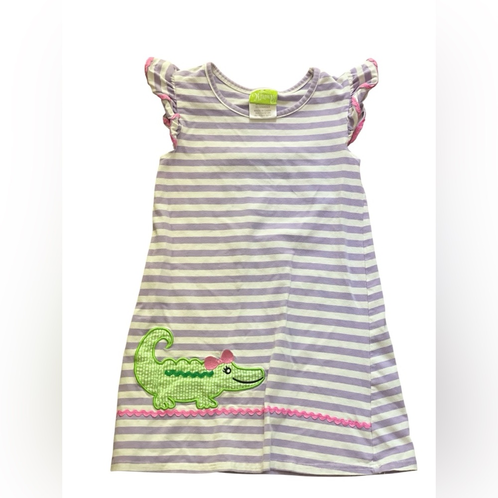 Classic Whimsy Purple and White Striped Casual Dress with Alligator